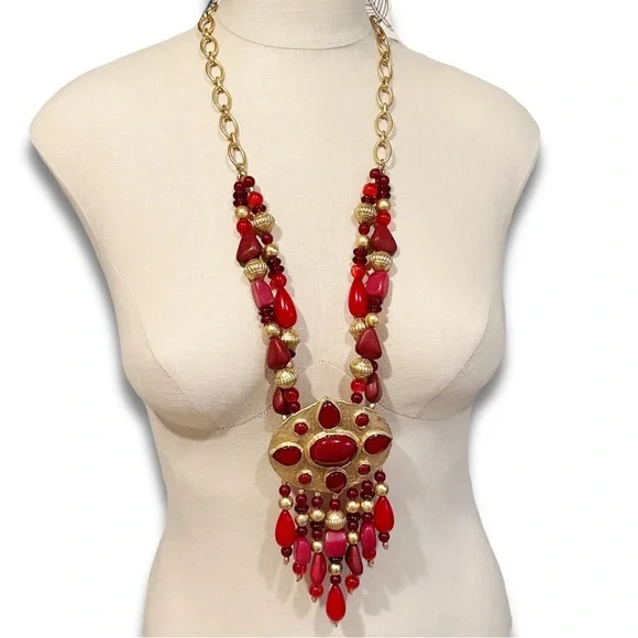 CHICO’s 35th Anniversary Merlot Red & Gold Statement Necklace | NWT | MSRP $119 - Picture 3 of 10